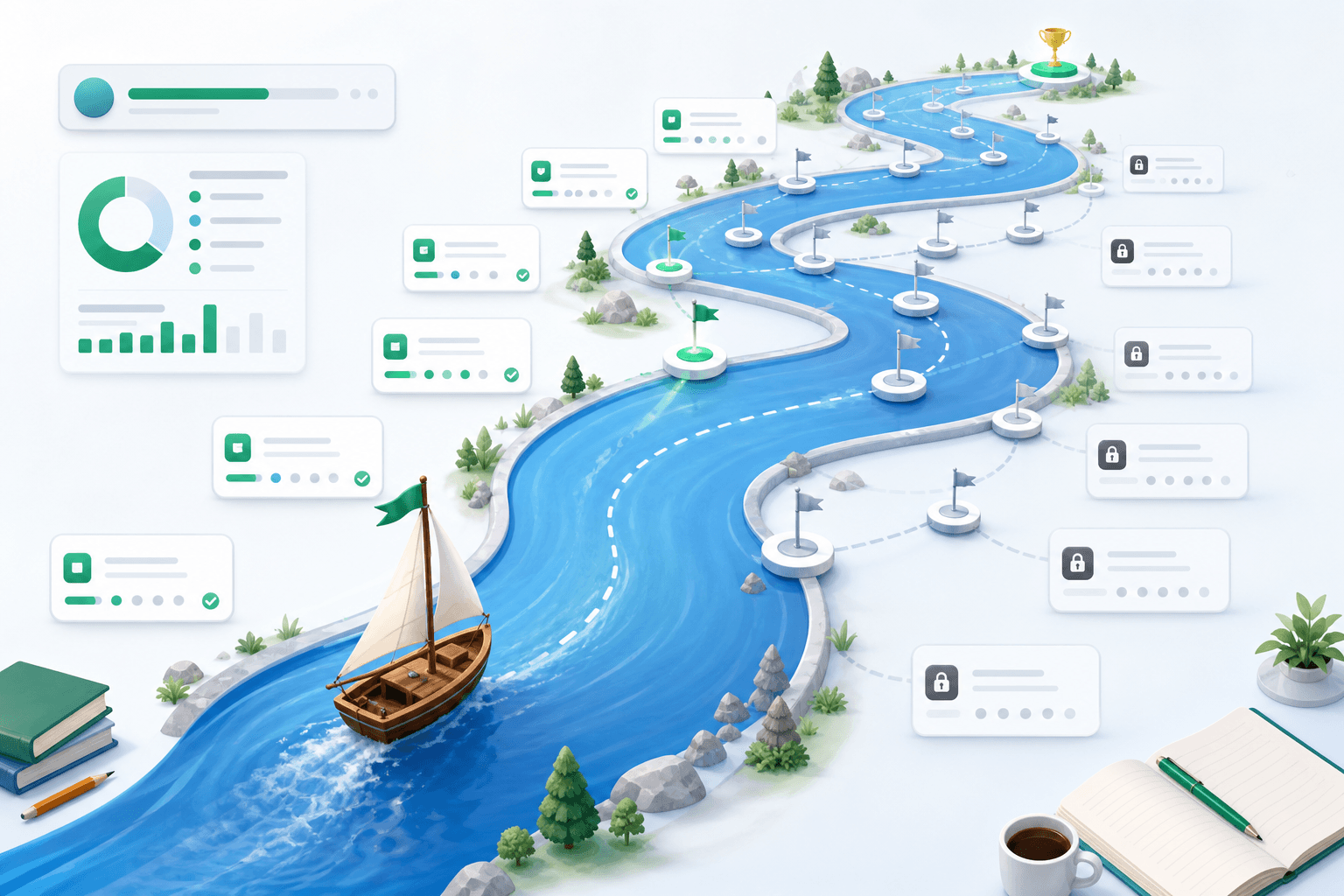 Illustration of a boat moving through a 69-day SSC CGL study roadmap with milestone nodes and locked future tasks